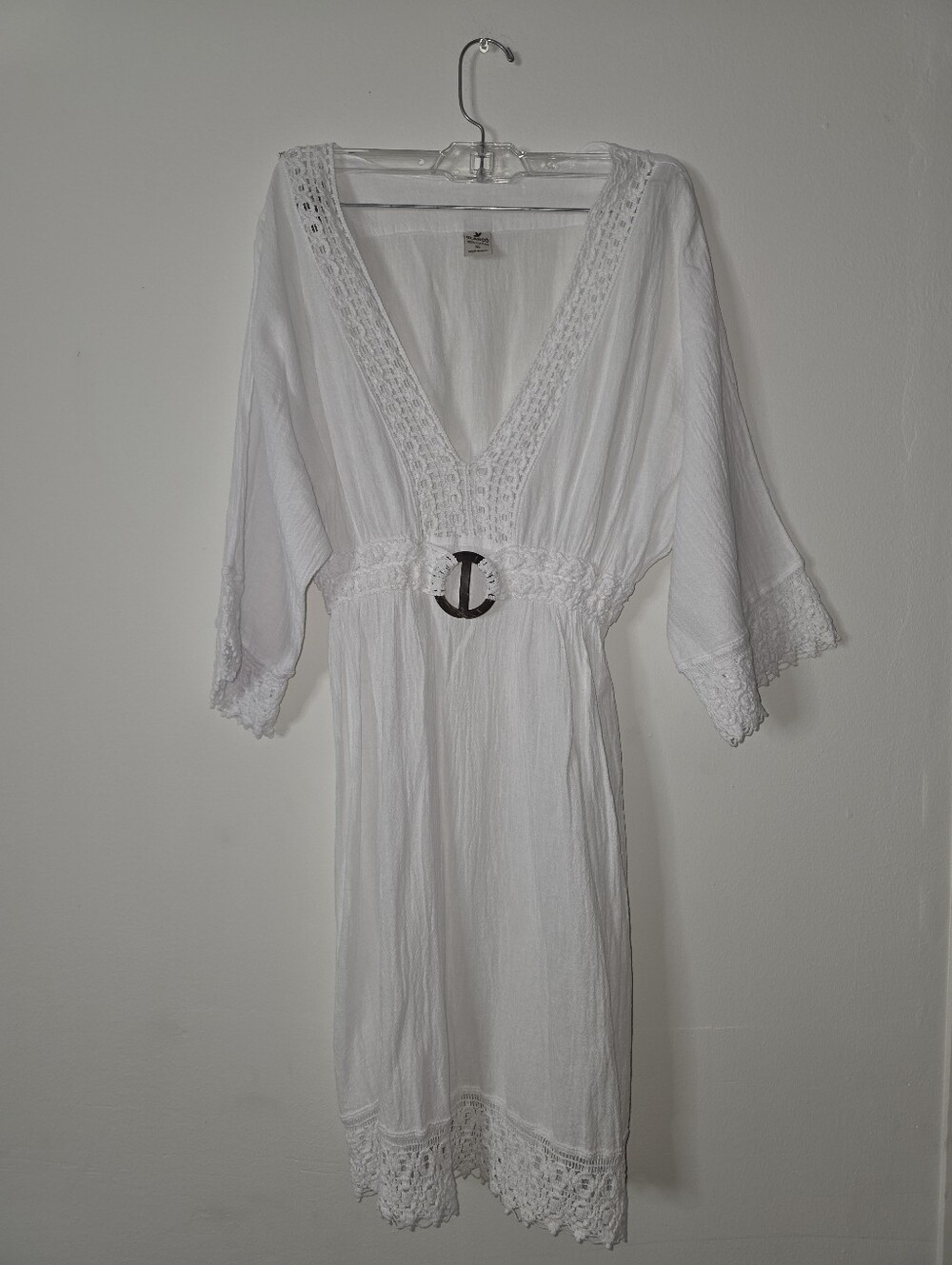 Women's White V-Neck Belted Lace-Trim Dress